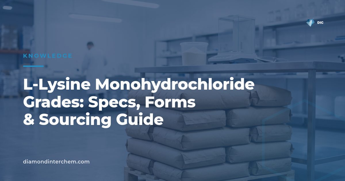 White crystalline L-Lysine Monohydrochloride grades powder shown beside 25kg packaging bags