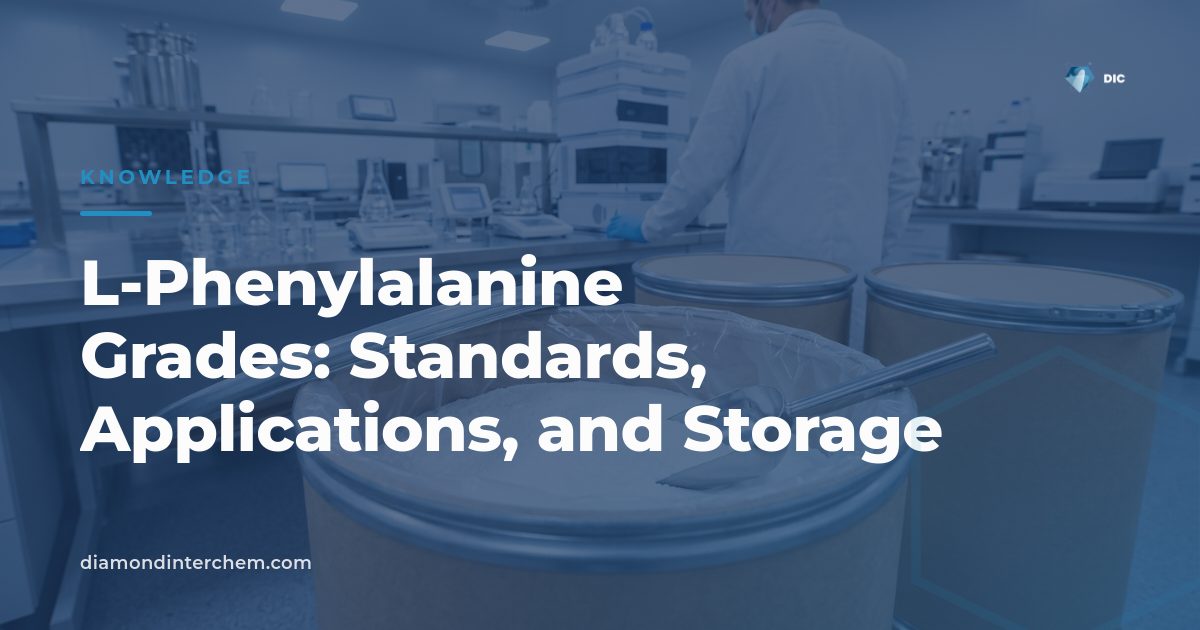 White crystalline L-Phenylalanine powder in a PE-lined fibre drum in a QC laboratory