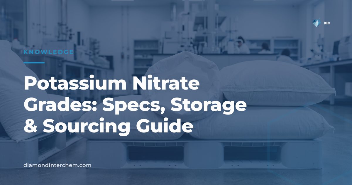 Crystalline potassium nitrate grades compared by purity, form and industrial application use