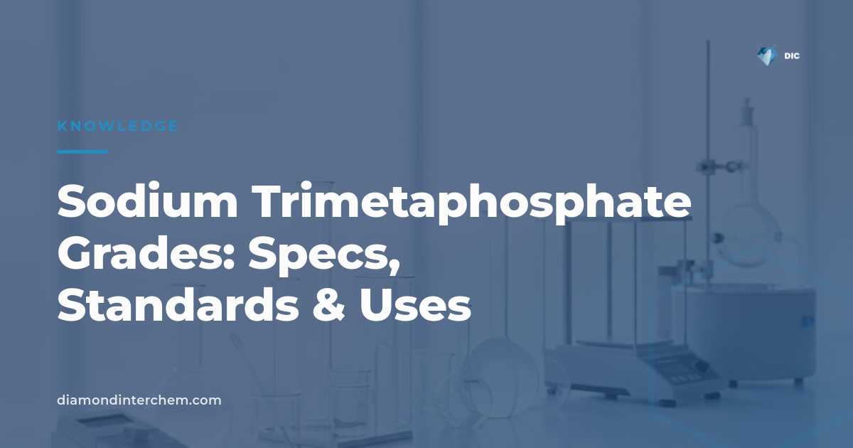 Sodium trimetaphosphate grades shown as white powder packaged for food and water treatment applications