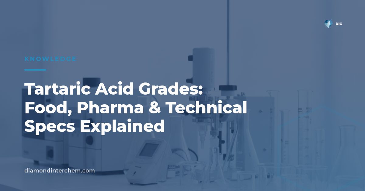 Comparison chart illustrating tartaric acid grades including food, pharma, and technical specifications