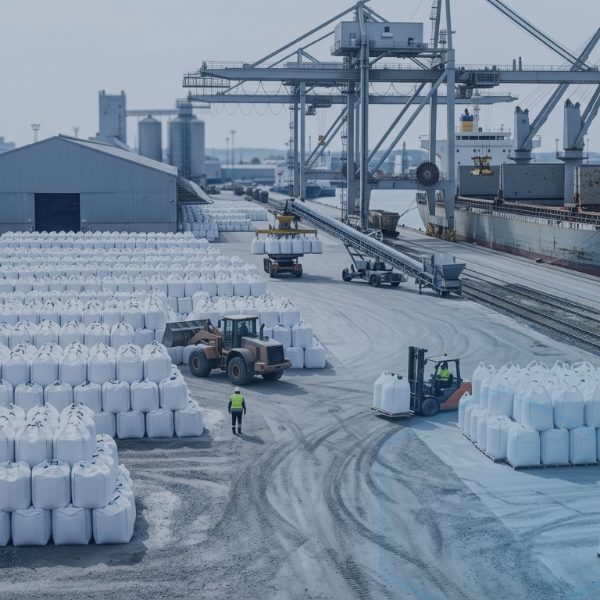 Cargo vessel and fertilizer bags illustrating the urea ammonium sulphate supply outlook amid Black Sea trade friction